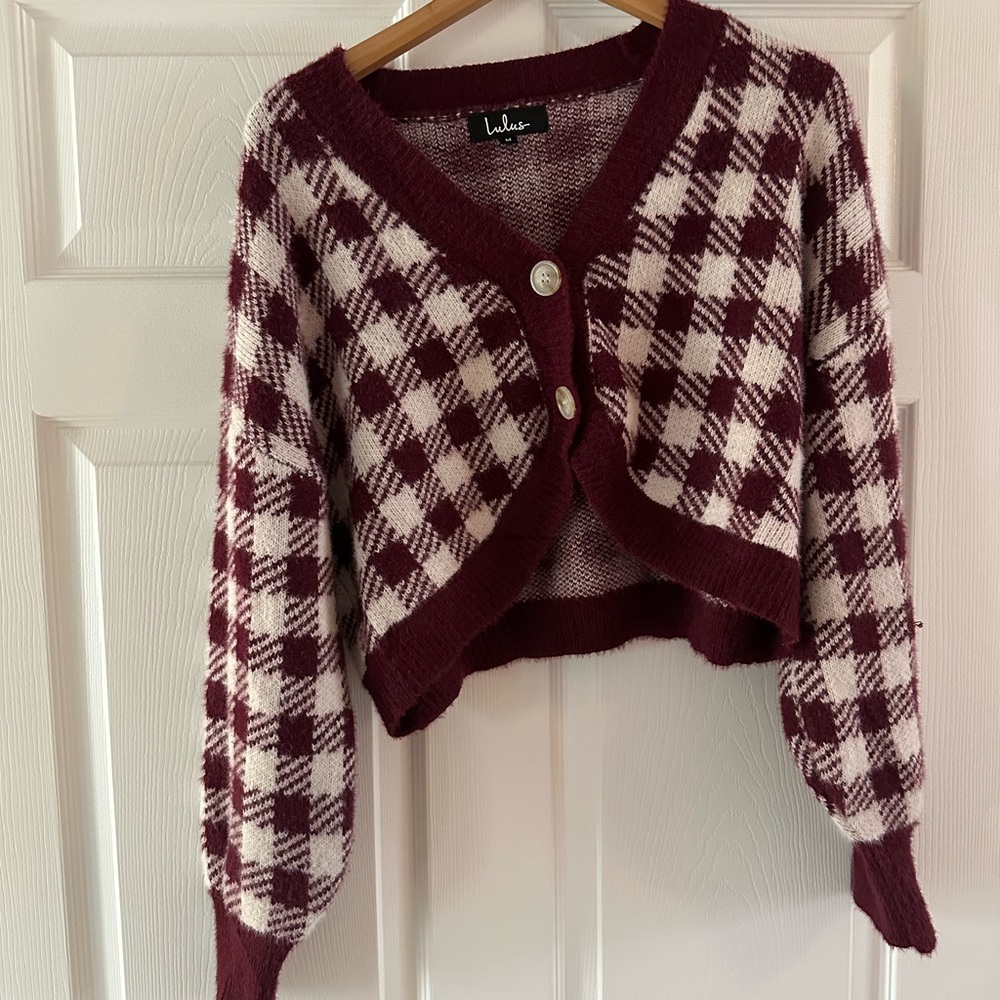 Lulu's Maroon and Cream Checkered Cardigan